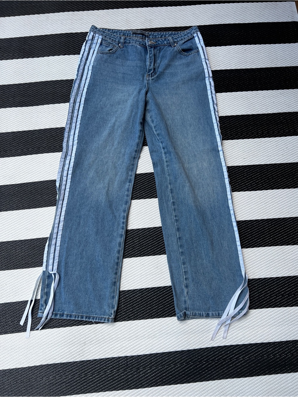 Blue Side-Stripe Wide Leg Jeans with Ribbon Detail